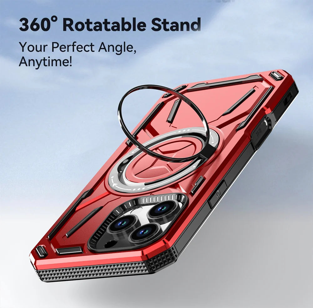 Dual Layer Protection Armour Magnetic Stand Phone Case For iPhone 16 15 14 11 12 13 Pro Max Luxury Rotation Folding Holder Cover