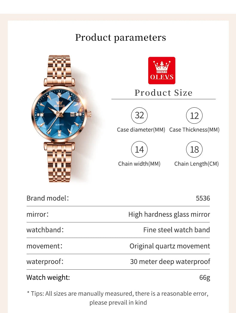 OLEVS 5536 Quartz Watch for Women Fashion Luxury Rhombus Mirror Rose Gold Stainless Steel Waterproof Luminous Ladies Wristwatch