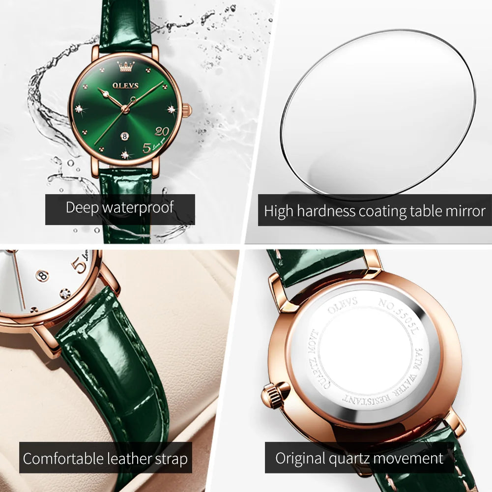 OLEVS Leather Strap Calendar WOMEN'S Quartz Watch 5505