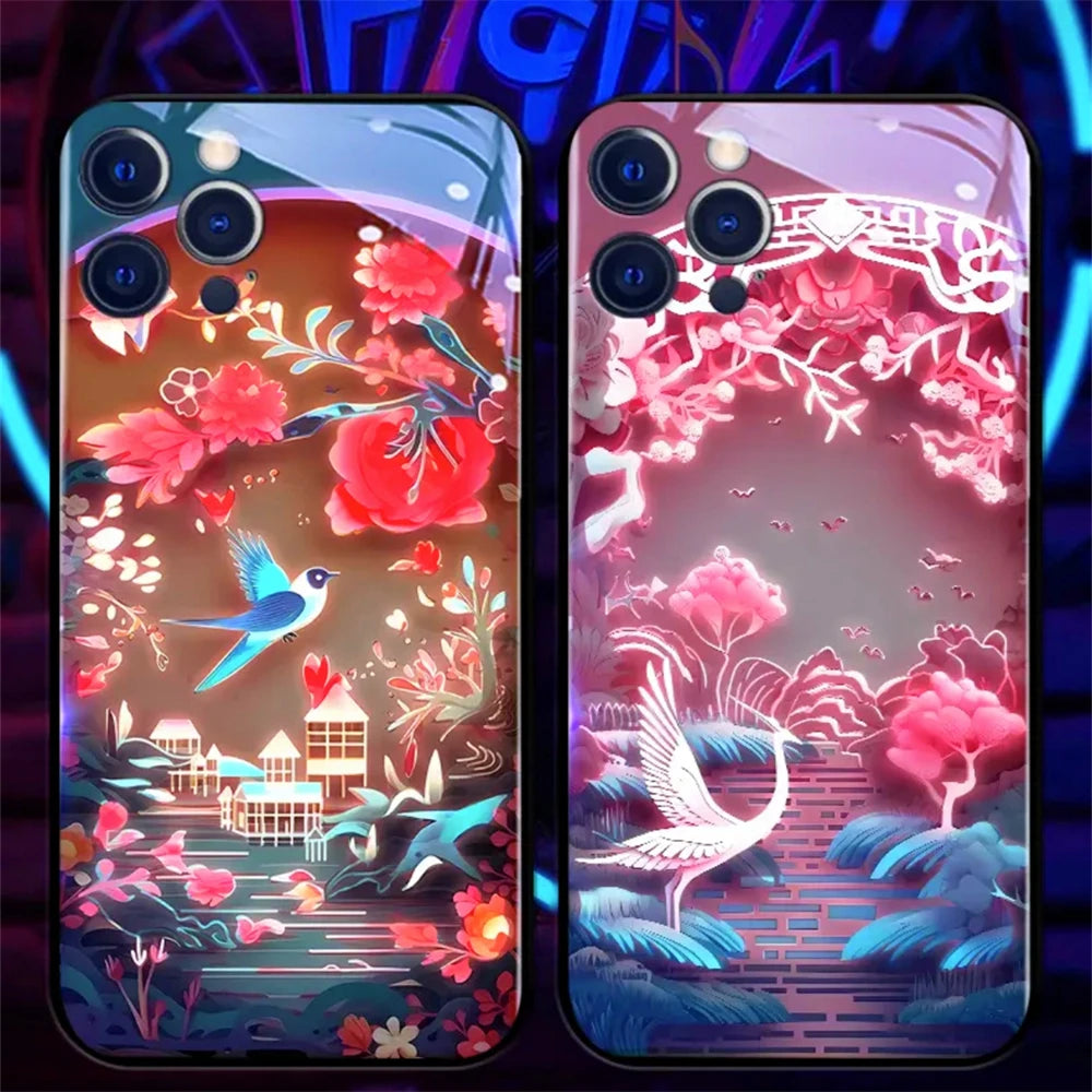 Colorful Lucky Carp Sound Control LED Flash Cases Luminous Glass Cover For Samsung S24 S23 S22 S21 S20 FE Note 10 20 Plus Ultra