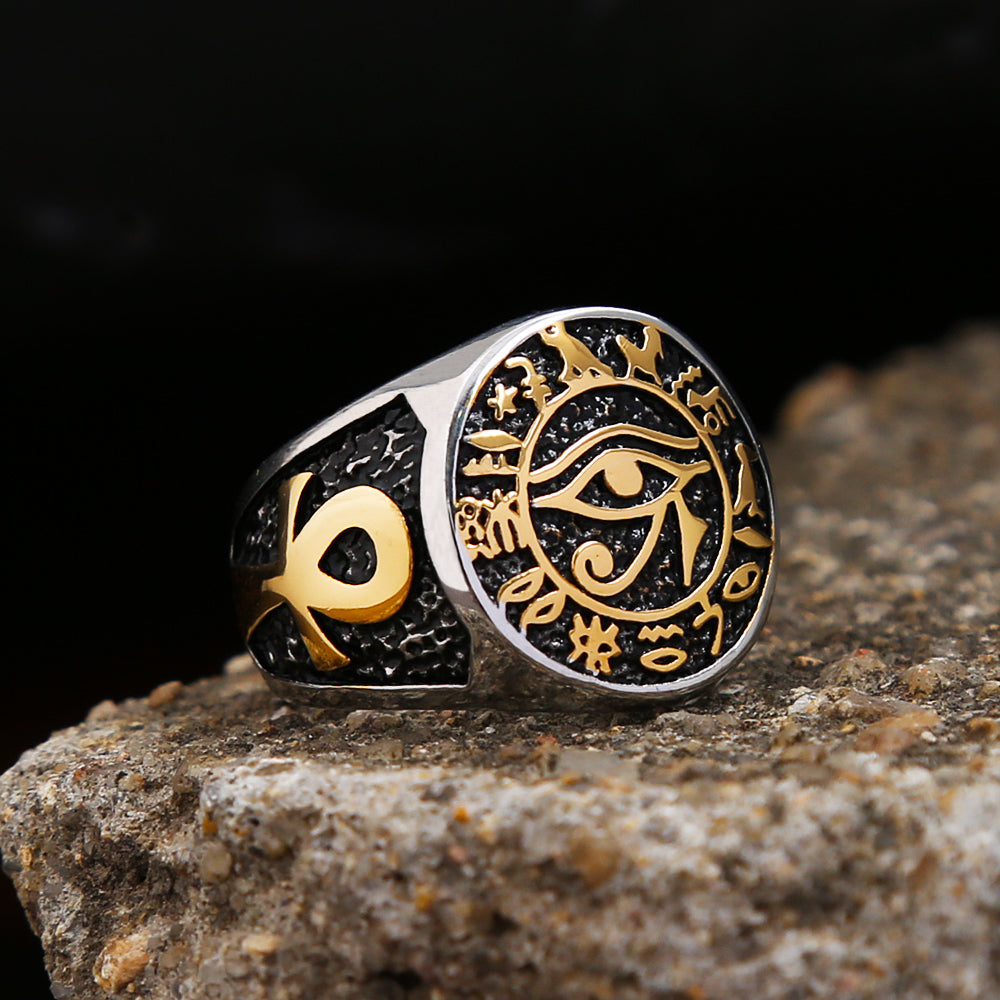 Egyptian Vintage Men Eye Of Horus Ring Fashion Stainless Steel Ankh Cross Ring