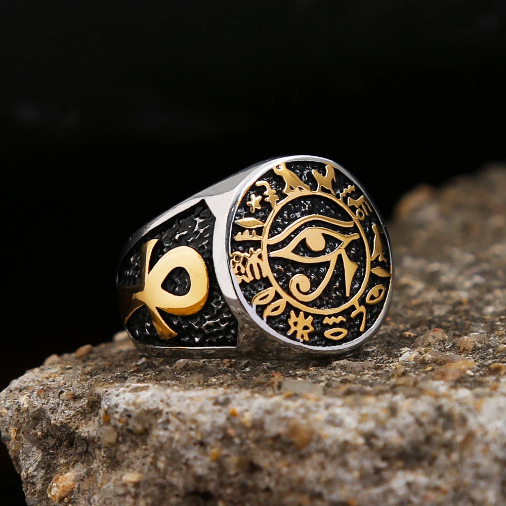 Egyptian Vintage Men Eye Of Horus Ring Fashion Stainless Steel Ankh Cross Ring