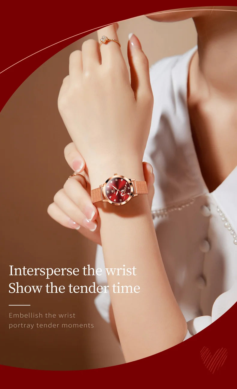 OLEVS 5530 Top Original Women's Watches Elegant Rose Gold Mesh Strap Fashion Heart Design Waterproof Quartz WristWatch for Women