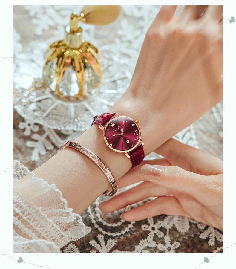 OLEVS Leather Strap Calendar WOMEN'S Quartz Watch 5505