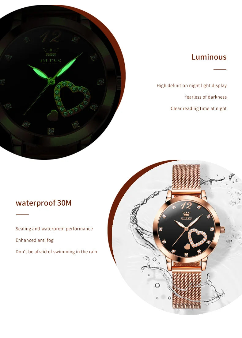 OLEVS 5189 Top Quartz Watch for Women Mesh Steel Strap Heart Design Waterproof Watches Simple Fashion Elegant Ladies Wristwatch