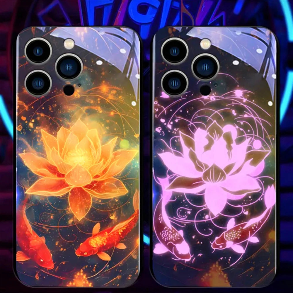 Colorful Lucky Carp Sound Control LED Flash Cases Luminous Glass Cover For Samsung S24 S23 S22 S21 S20 FE Note 10 20 Plus Ultra