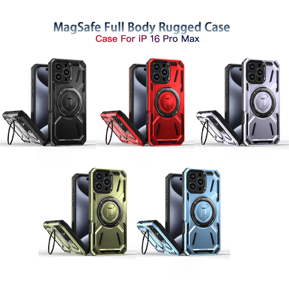Dual Layer Protection Armour Magnetic Stand Phone Case For iPhone 16 15 14 11 12 13 Pro Max Luxury Rotation Folding Holder Cover