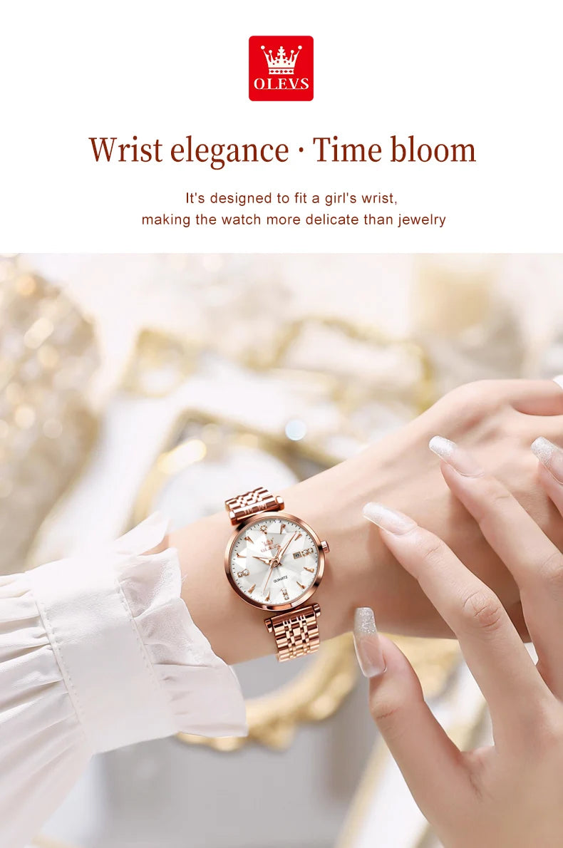 OLEVS 5536 Quartz Watch for Women Fashion Luxury Rhombus Mirror Rose Gold Stainless Steel Waterproof Luminous Ladies Wristwatch