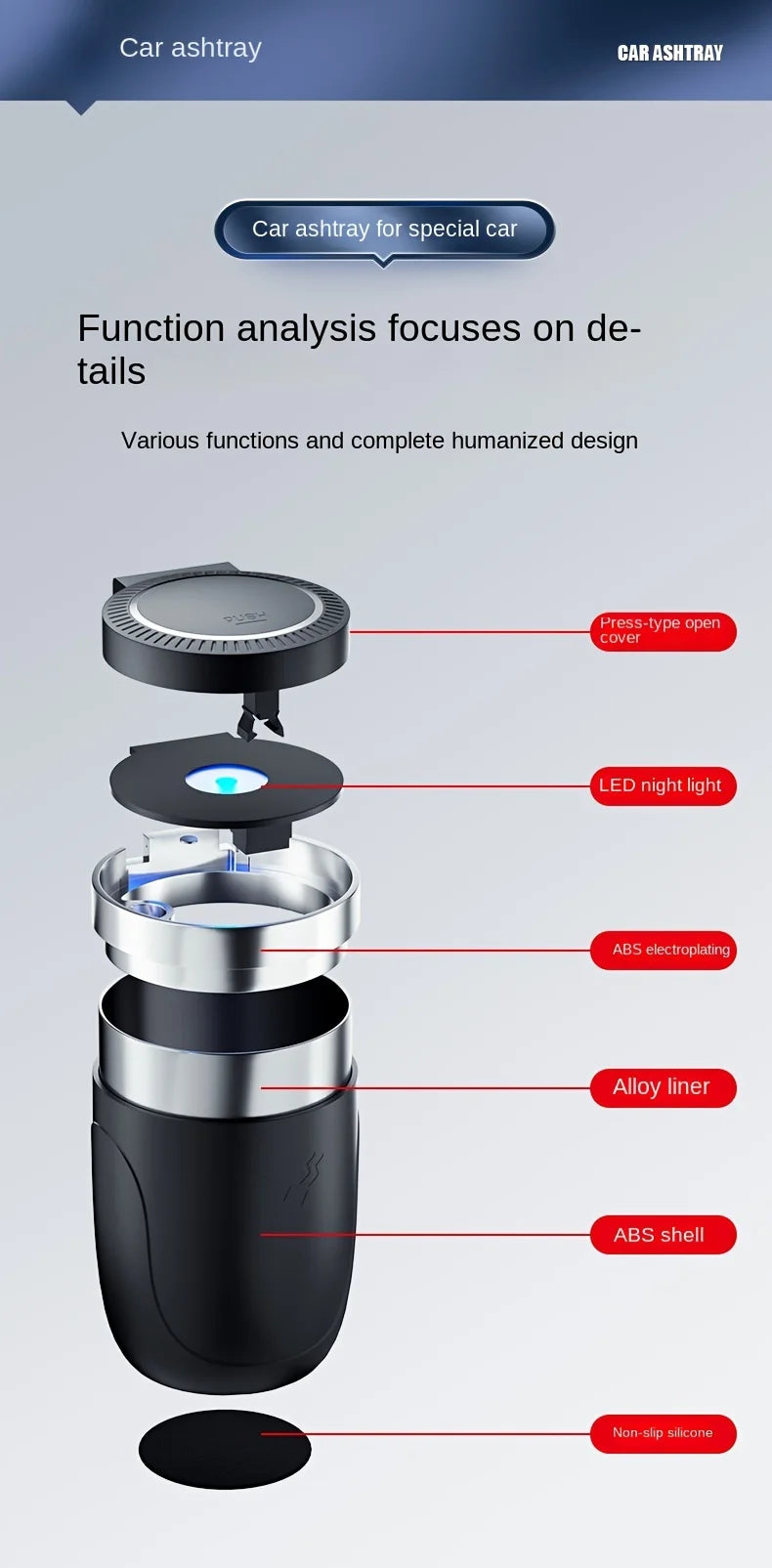 One Click Opening of Car Ashtray with Metal Lining