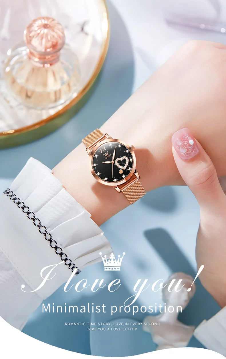 OLEVS 5189 Top Quartz Watch for Women Mesh Steel Strap Heart Design Waterproof Watches Simple Fashion Elegant Ladies Wristwatch