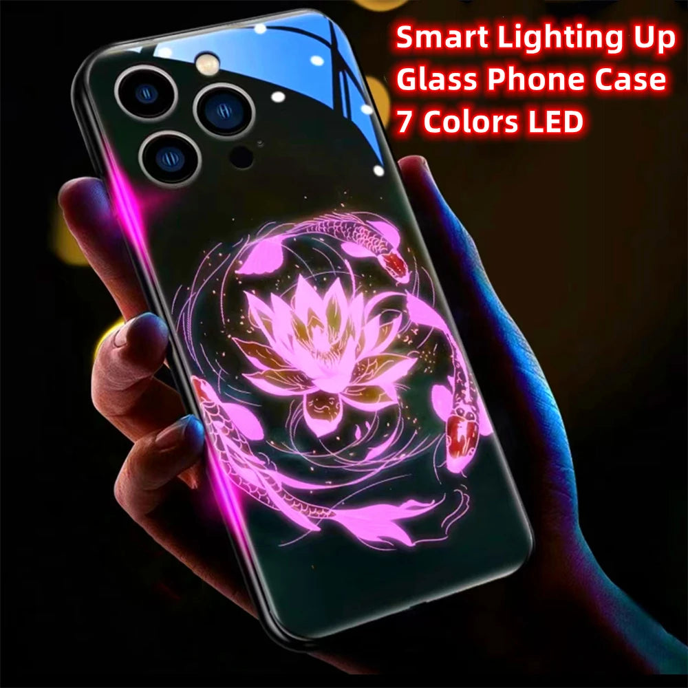 Colorful Lucky Carp Sound Control LED Flash Cases Luminous Glass Cover For Samsung S24 S23 S22 S21 S20 FE Note 10 20 Plus Ultra