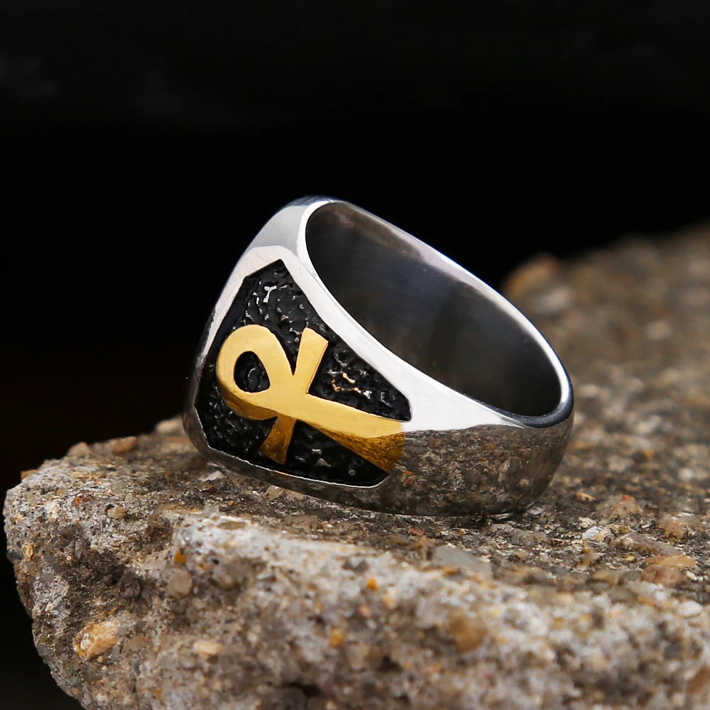 Egyptian Vintage Men Eye Of Horus Ring Fashion Stainless Steel Ankh Cross Ring