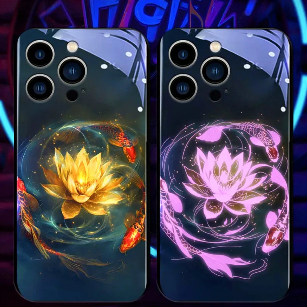Colorful Lucky Carp Sound Control LED Flash Cases Luminous Glass Cover For Samsung S24 S23 S22 S21 S20 FE Note 10 20 Plus Ultra